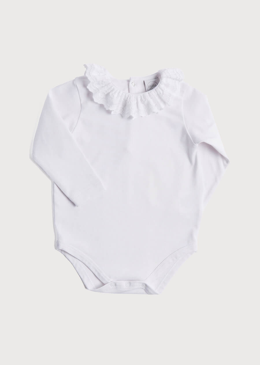 Frill Collar Long Sleeve Bodysuit in White (0mths-3yrs) Tops & Bodysuits from Pepa London