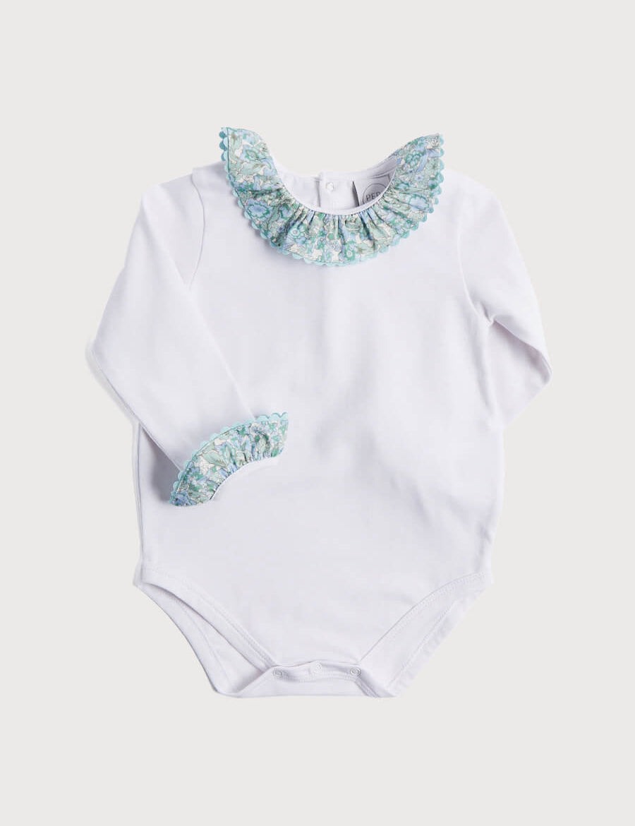 Blue Floral Print Frill Collar Bodysuit (0-2yrs) Tops & Bodysuits  from Pepa London