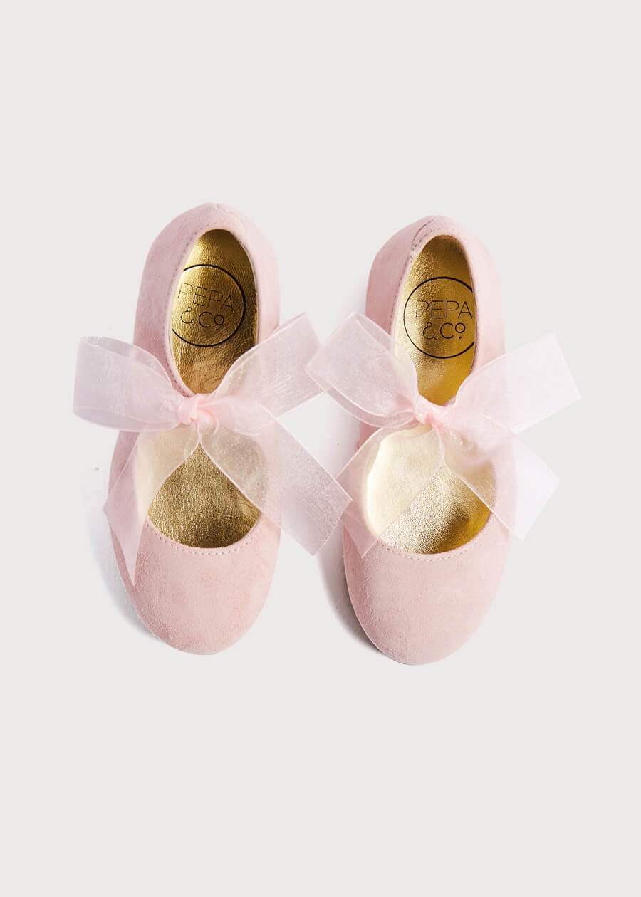 Suede Mary Jane Shoes in Pink With Organza Bow (24-34EU) Shoes  from Pepa London