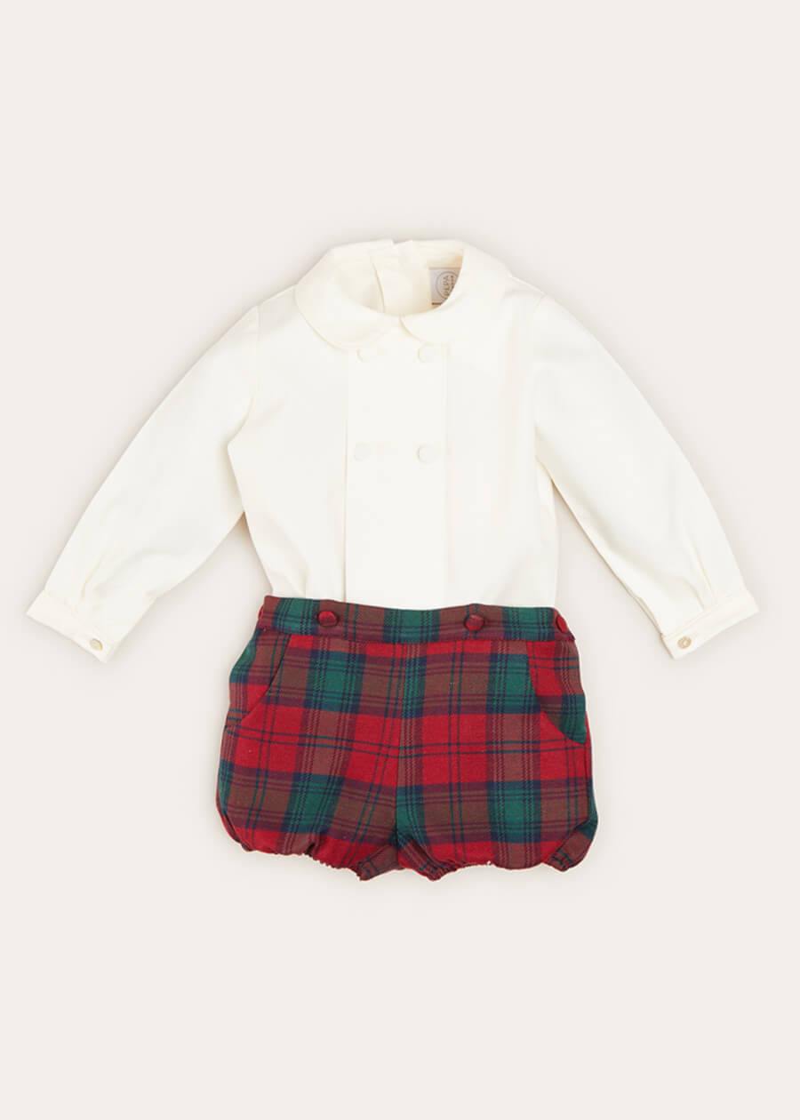 Tartan Peter Pan Collar Shirt And Bloomer Set In Red (6mths-2yrs) TWO PIECE SETS  from Pepa London