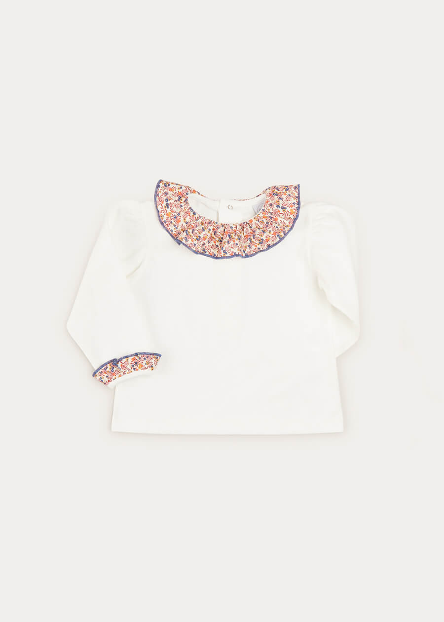 Floral Ruffle Collar Long Sleeve Top In Navy And Tan (18mths-10yrs) TOPS & BODYSUITS  from Pepa London