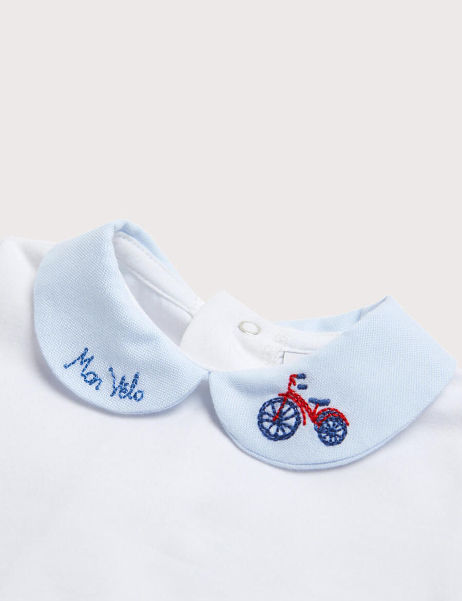 Bicycle Embroidered Collar Bodysuit in White (3mths-2yrs) Tops & Bodysuits  from Pepa London