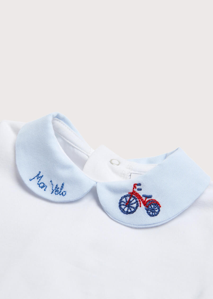 Bicycle Embroidered Collar Bodysuit in White (3mths-2yrs) Tops & Bodysuits  from Pepa London