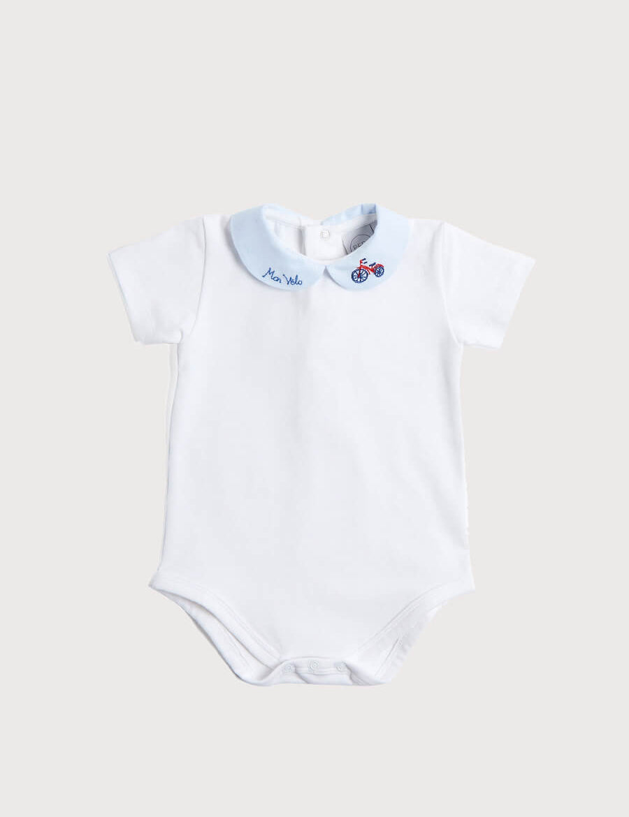 Bicycle Embroidered Collar Bodysuit in White (3mths-2yrs) Tops & Bodysuits  from Pepa London