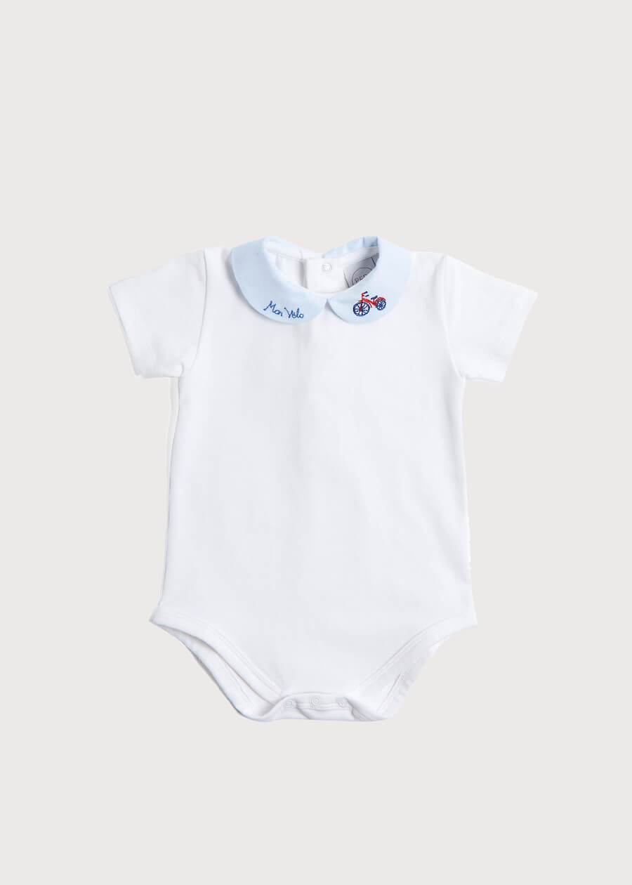 Bicycle Embroidered Collar Bodysuit in White (3mths-2yrs) Tops & Bodysuits  from Pepa London