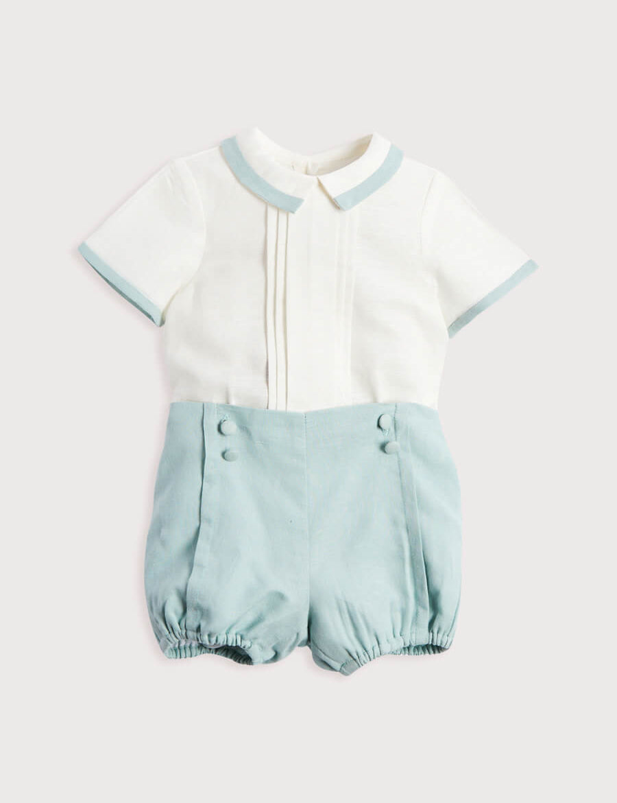 Baby Boy Celebration Teal Linen Bloomers and Shirt Set (12mths-3yrs) Sets  from Pepa London