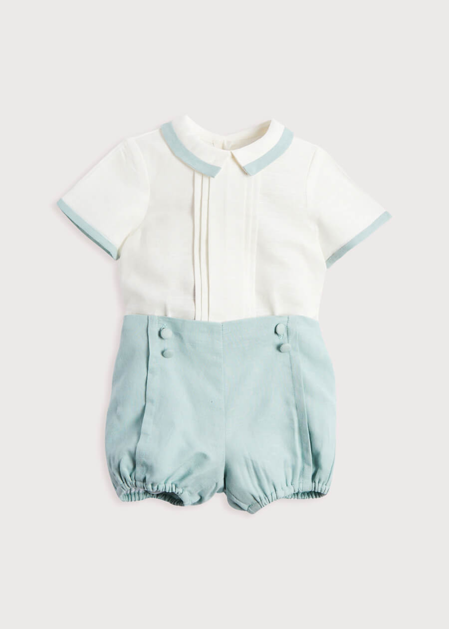 Baby Boy Celebration Teal Linen Bloomers and Shirt Set (12mths-3yrs) Sets  from Pepa London