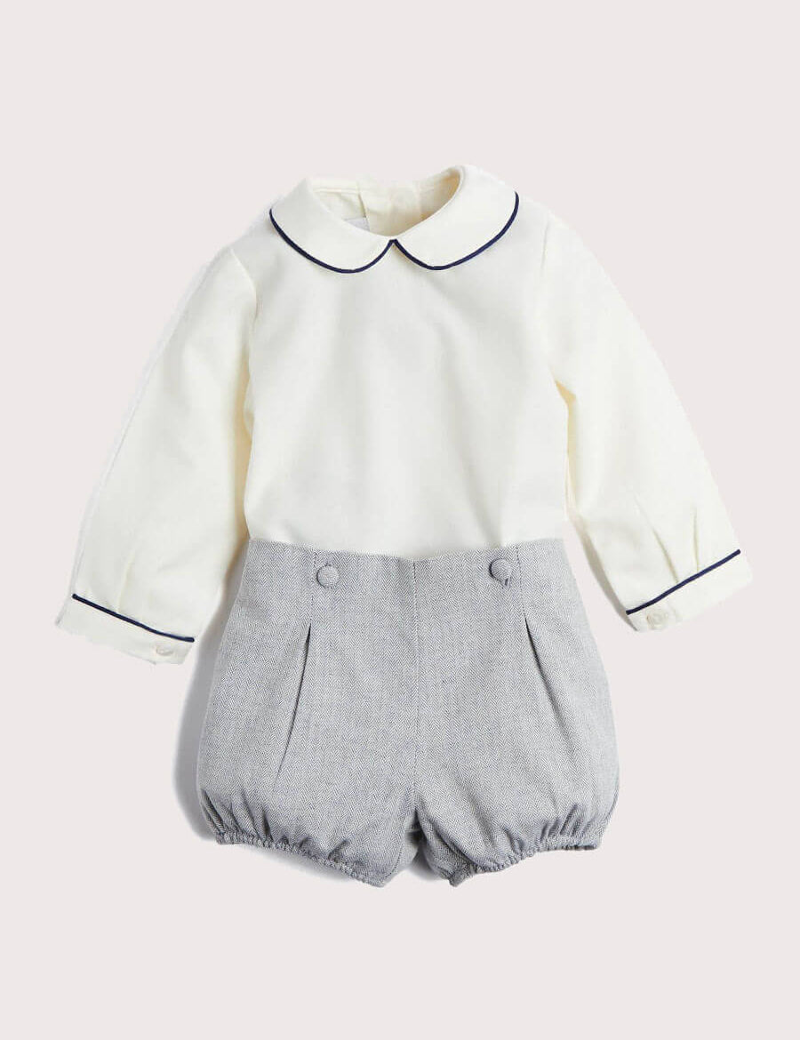 Herringbone Peter Pan Collar Long Sleeve Two Piece Set in Blue (6mths-2yrs) Sets  from Pepa London
