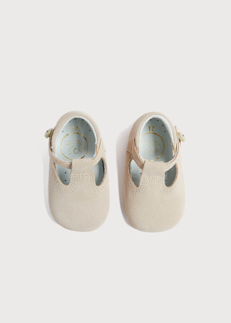Suede T-Bar Pram Shoes in Beige (17-20EU) Shoes  from Pepa London