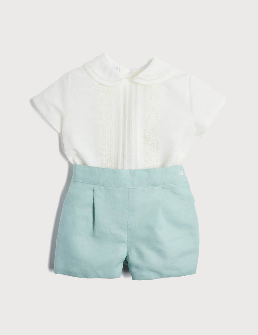 Peter Pan Collar Linen Two Piece Set in Teal (3mths-5yrs) Sets from Pepa London