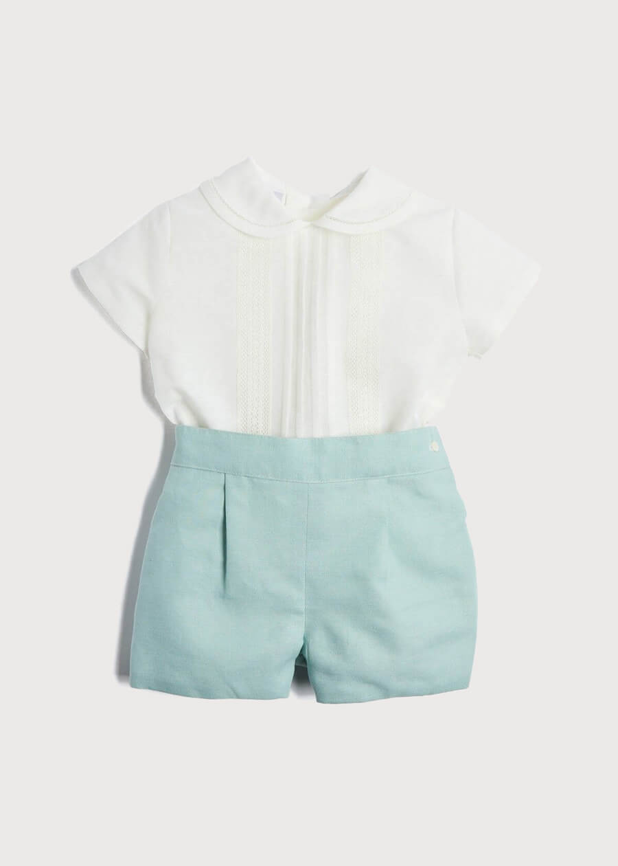 Peter Pan Collar Linen Two Piece Set in Teal (12mths-5yrs) Sets  from Pepa London