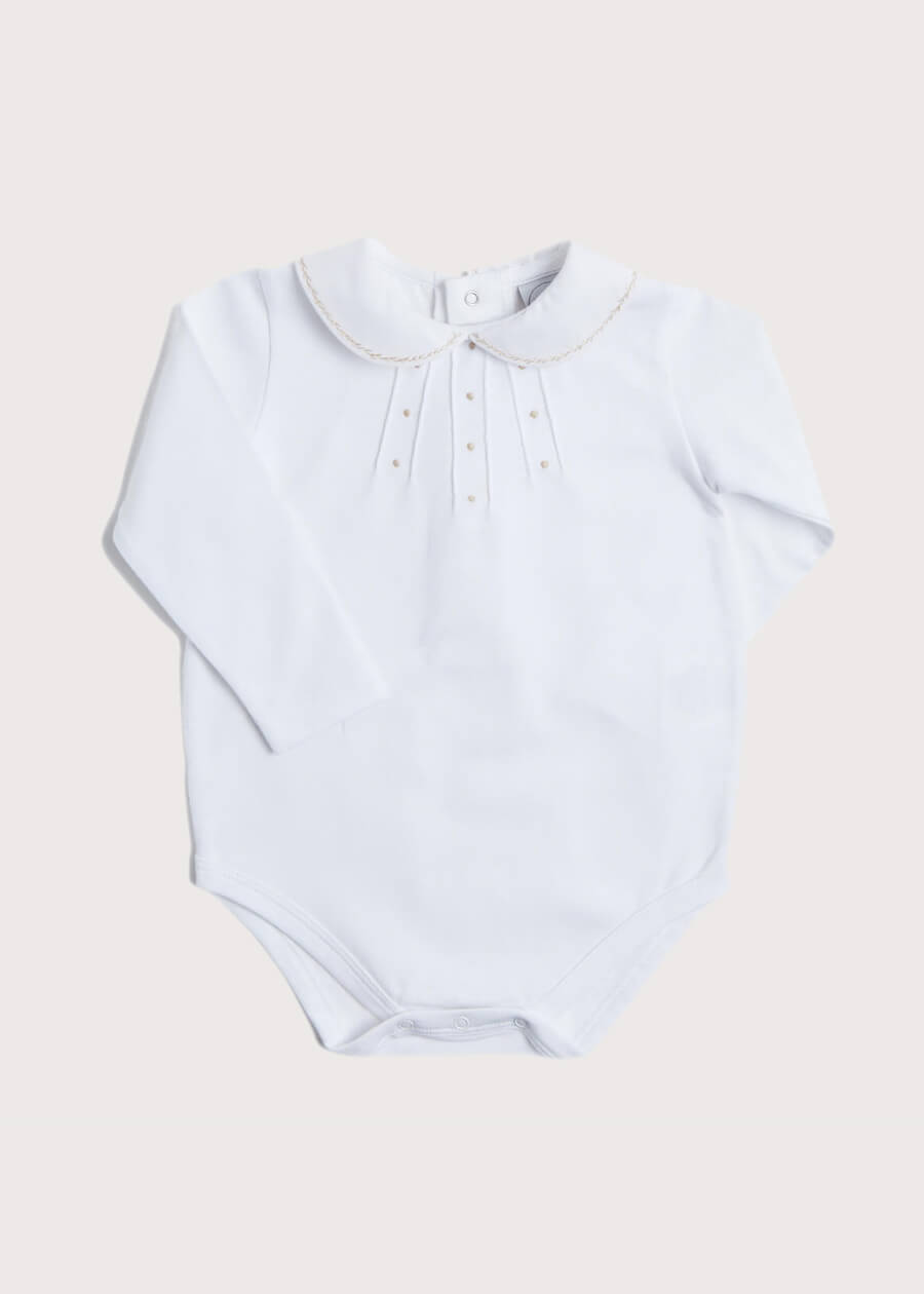 Peter Pan Collar Long Sleeve Bodysuit with Beige Embroidery (0mths-2yrs) Tops & Bodysuits  from Pepa London