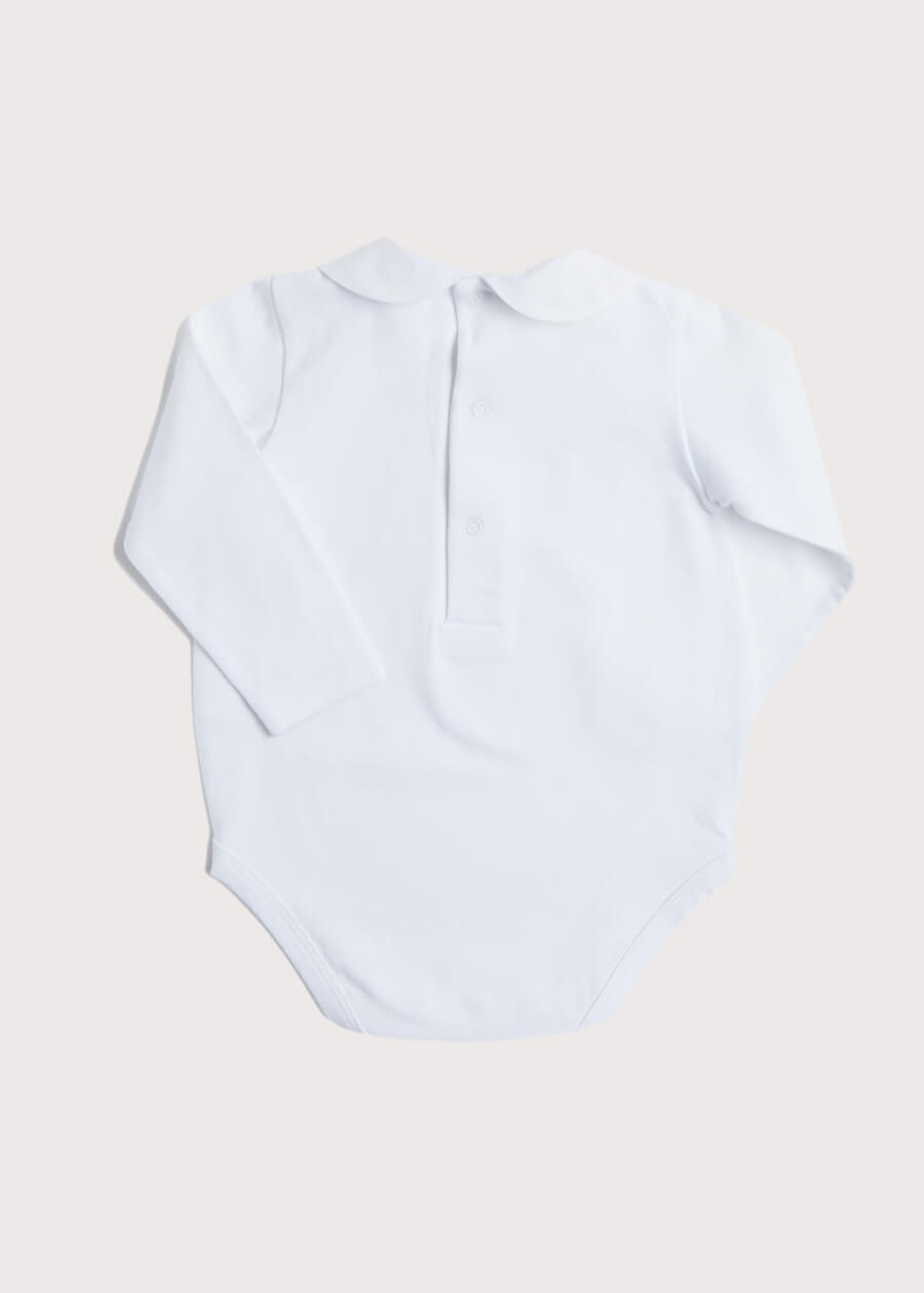 Peter Pan Collar Long Sleeve Pleated Bib Bodysuit in White (0mths-2yrs) Tops & Bodysuits  from Pepa London