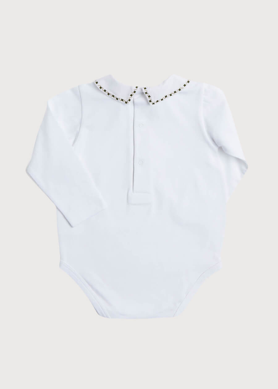 Embroidered Polo Collar Bodysuit in White (0mths-3yrs) Tops & Bodysuits from Pepa London
