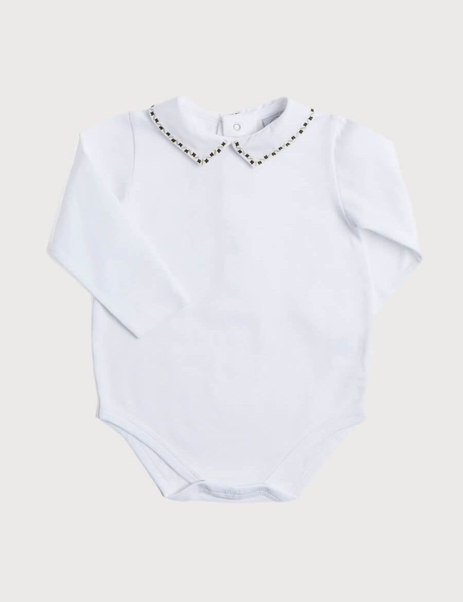 Embroidered Polo Collar Bodysuit in White (0mths-3yrs) Tops & Bodysuits from Pepa London