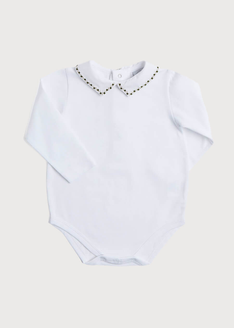 Embroidered Polo Collar Bodysuit in White (0mths-3yrs) Tops & Bodysuits from Pepa London
