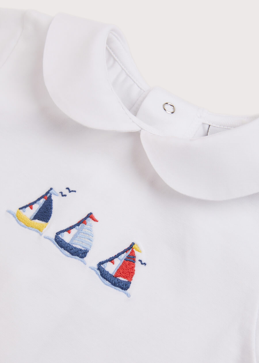 Embroidered Boat Motif Peter Pan Collar Bodysuit in White (1mth-3yrs) Tops & Bodysuits from Pepa London