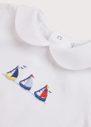 Embroidered Boat Motif Peter Pan Collar Bodysuit in White (1mth-3yrs) Tops & Bodysuits from Pepa London