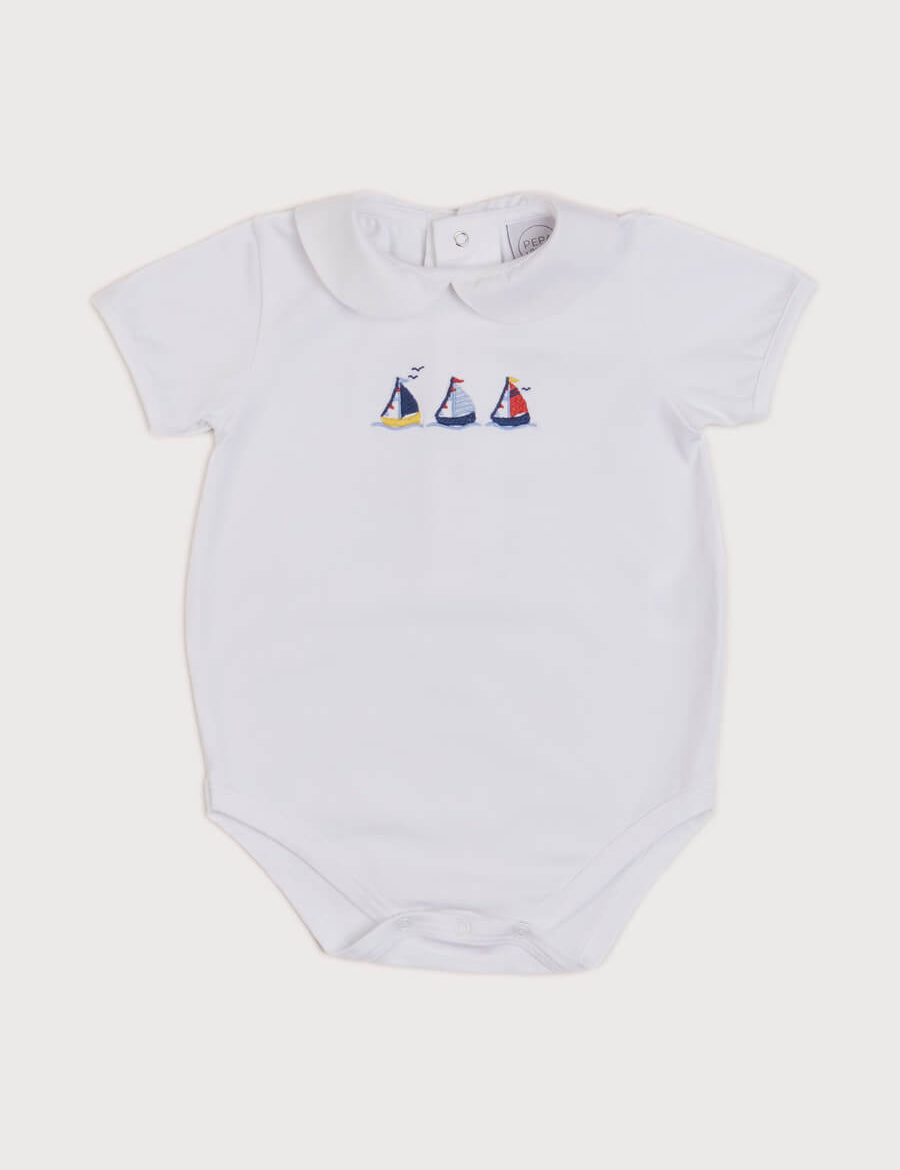 Embroidered Boat Motif Peter Pan Collar Bodysuit in White (1mth-3yrs) Tops & Bodysuits from Pepa London