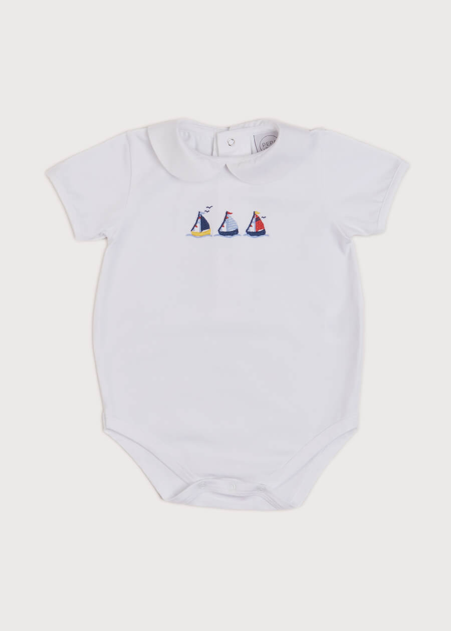 Embroidered Boat Motif Peter Pan Collar Bodysuit in White (1mth-3yrs) Tops & Bodysuits from Pepa London
