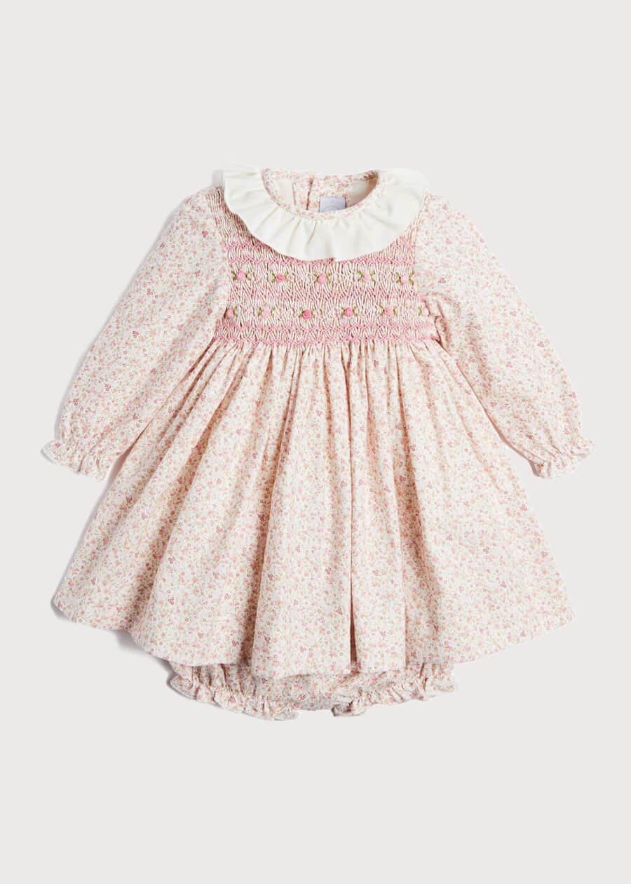 Floral Print Handsmocked Dress & Bloomers in Pink (6mths-3yrs) Dresses  from Pepa London