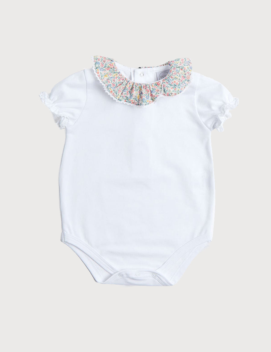 Floral Print Ruffle Collar Bodysuit in Dusty Pink (0mths-2yrs) Tops & Bodysuits  from Pepa London