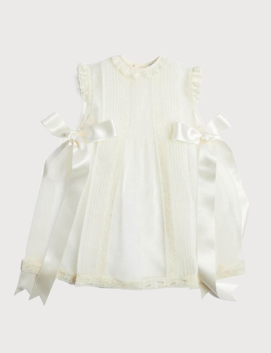 Lace Trim Fine Pleated Dress in Ivory (3mths-5yrs) Dresses from Pepa London