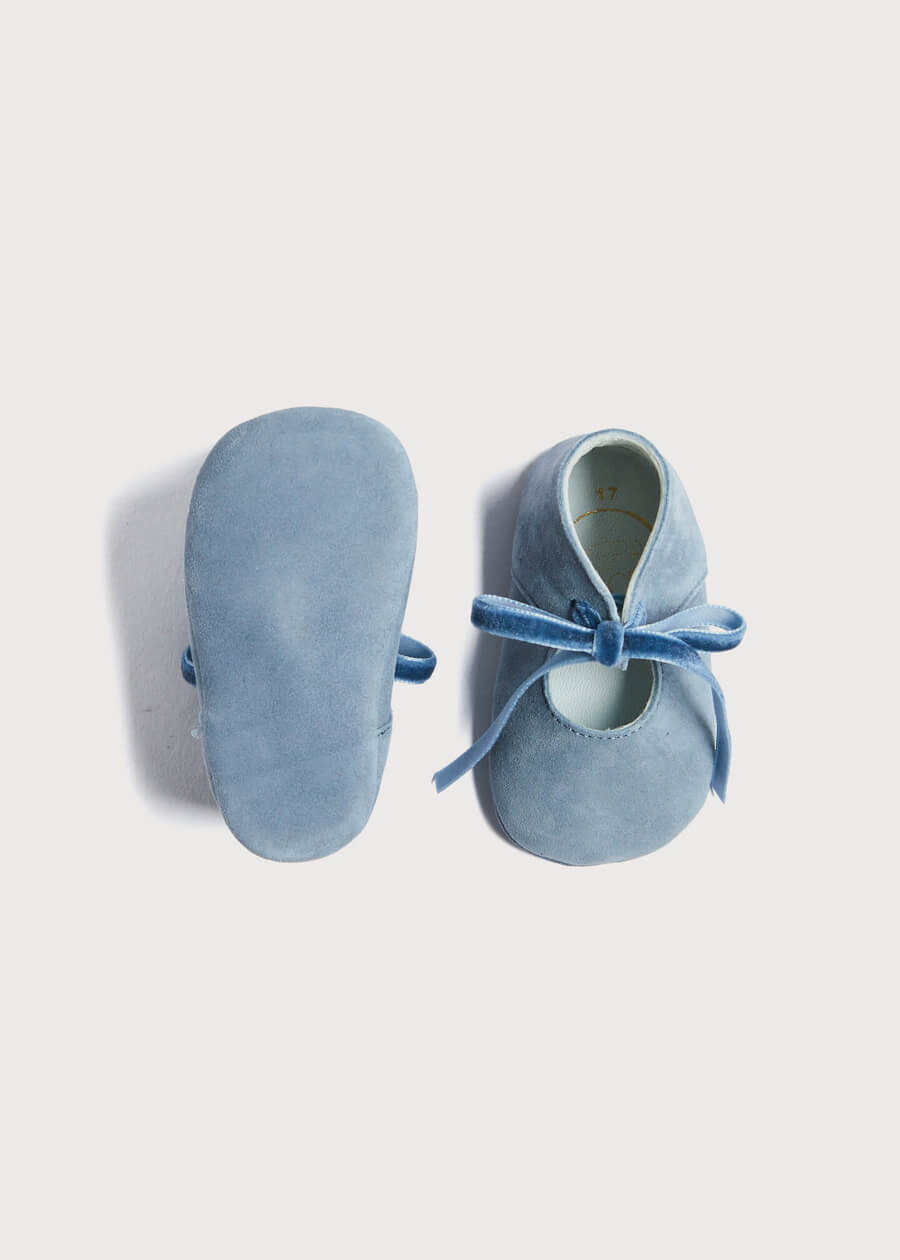 Suede Velvet Ribbon Pram Shoes in Blue (17-20EU) Shoes  from Pepa London