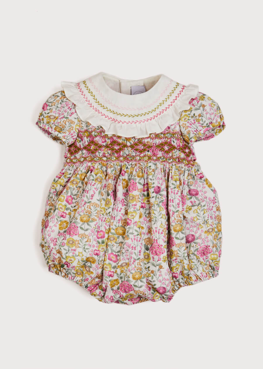 Bold Floral Handsmocked Short Sleeve Romper in Pink (3-18mths) Rompers  from Pepa London
