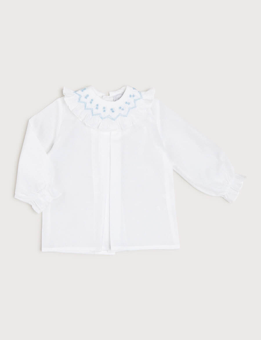 Hand Smocked Collar Long Sleeve Blouse in White (0-12mths) Blouses  from Pepa London