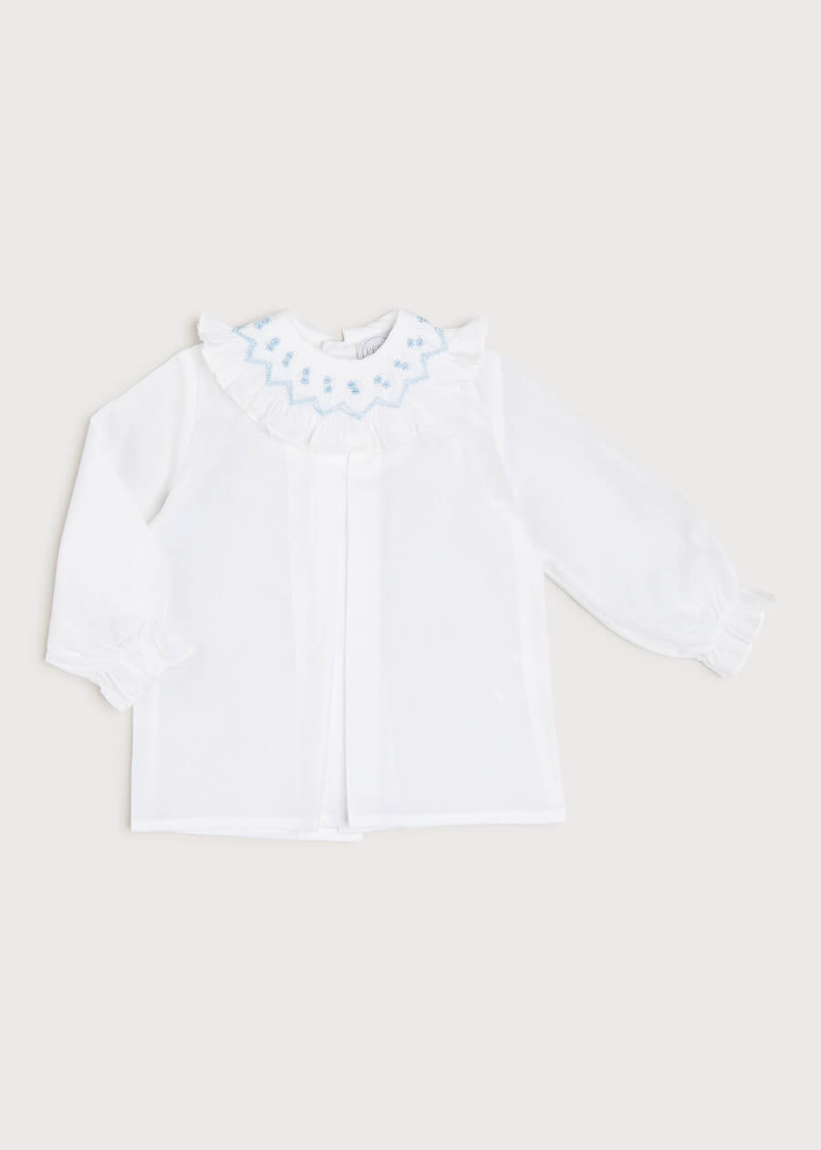 Hand Smocked Collar Long Sleeve Blouse in White (0-12mths) Blouses  from Pepa London