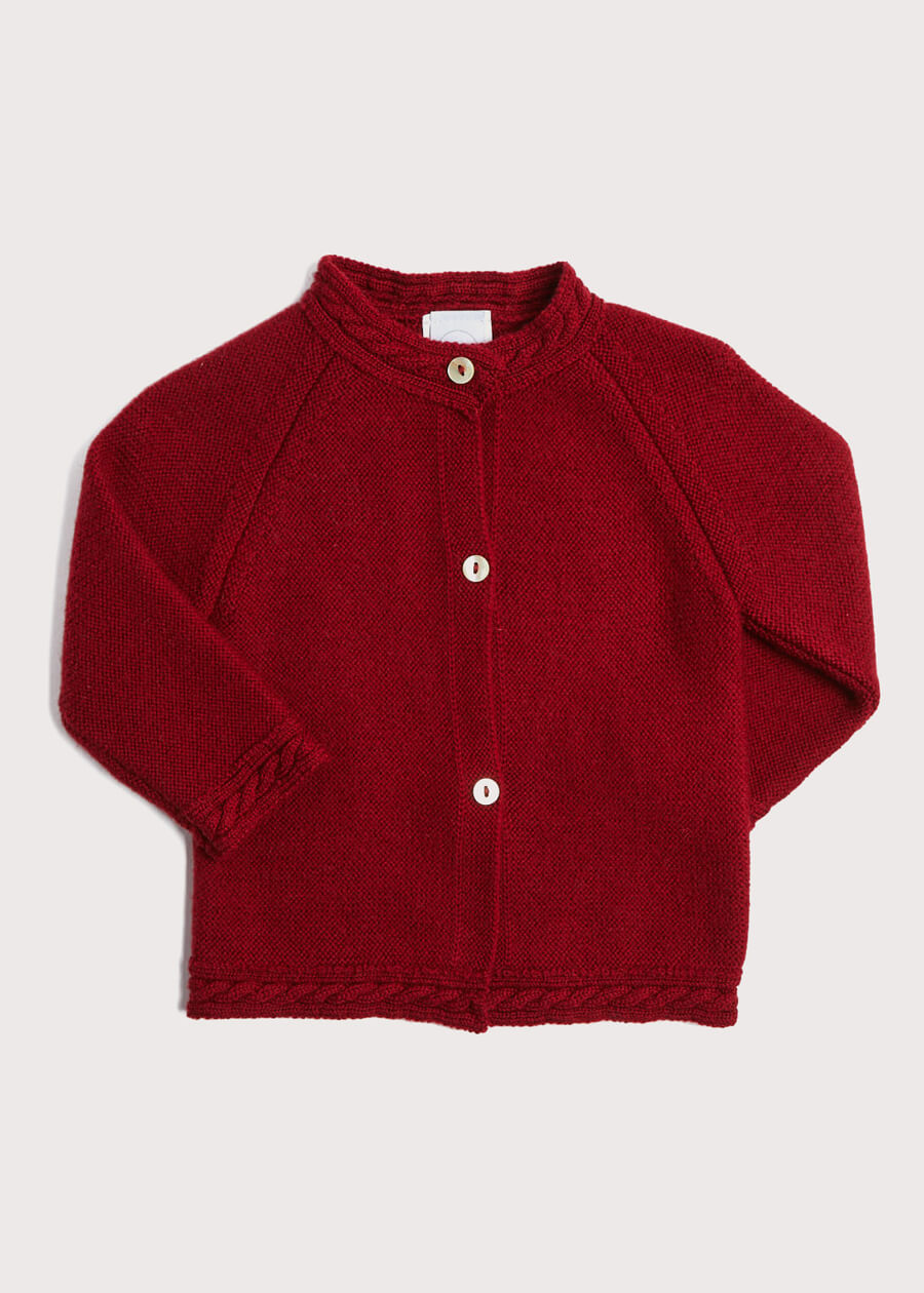 Contrast Trim 3 Button Baby Cardigan in Red | Pepa London.