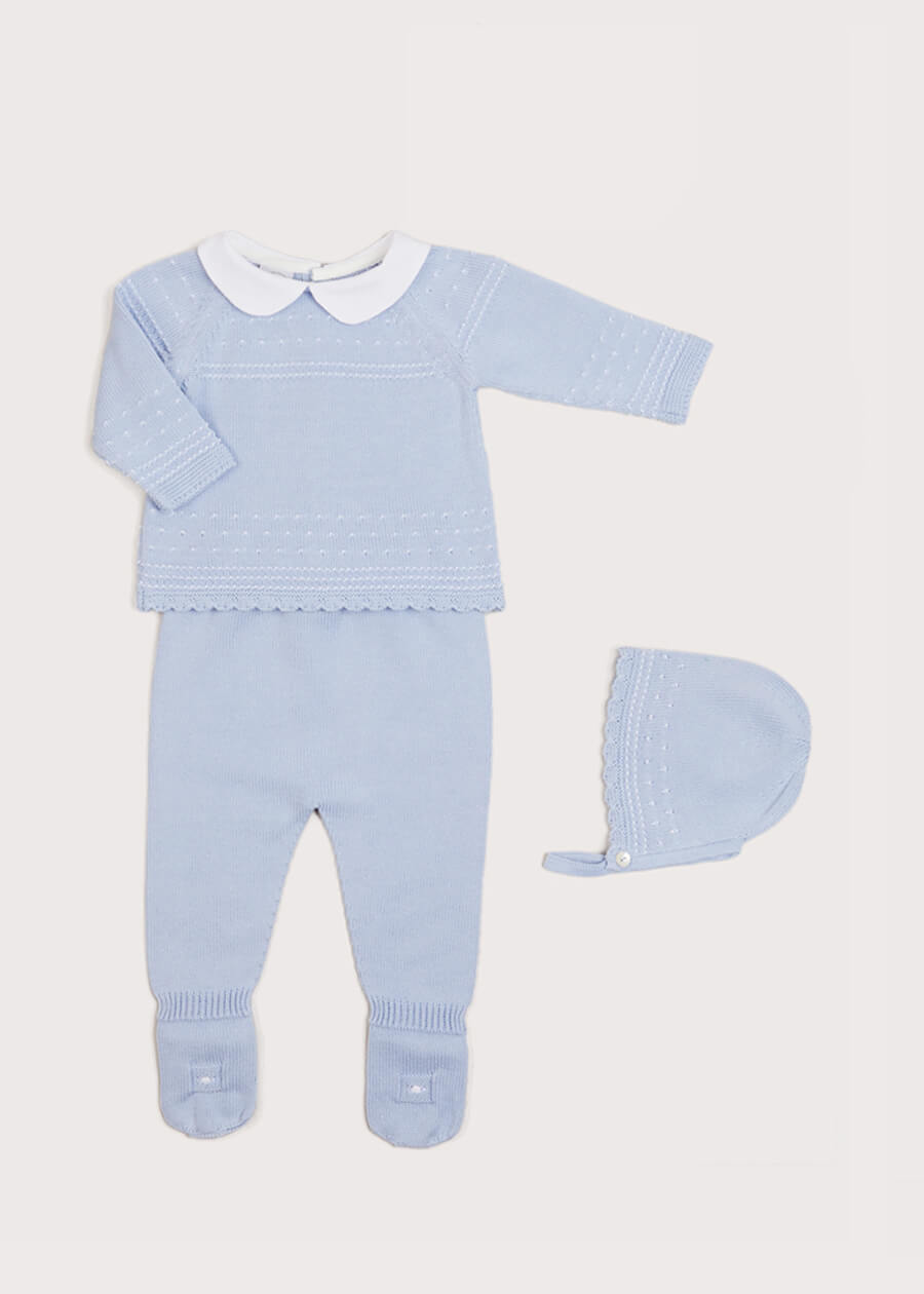 Gentle Openwork Peter Pan Collar 3 Piece Knitted Set in Blue (0-6mths) Knitted Sets  from Pepa London