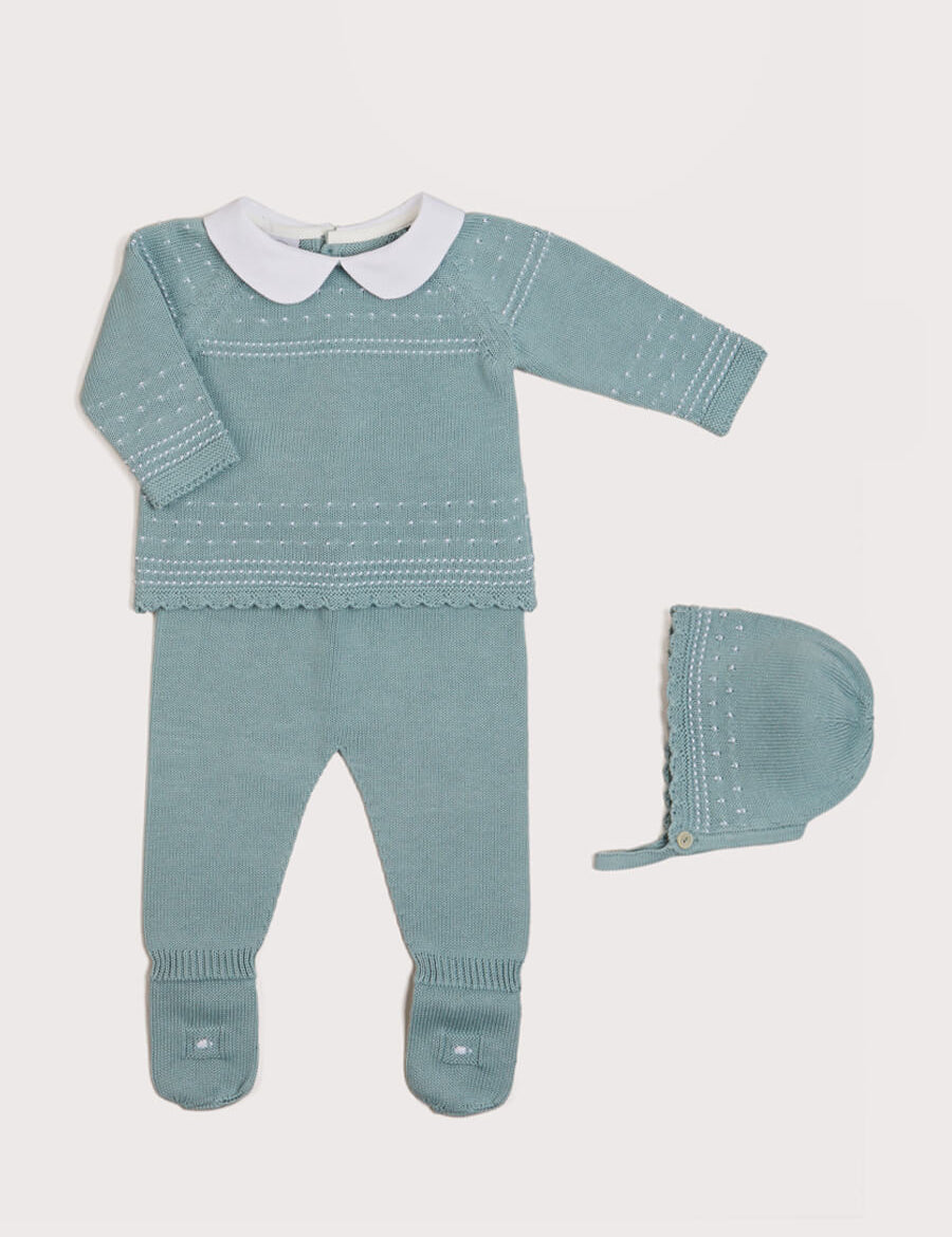 Gentle Openwork Peter Pan Collar 3 Piece Knitted Set in Green (0-6mths) Knitted Sets  from Pepa London