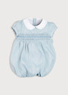 Hand Smocked Peter Pan Collar Short Sleeve Romper in Blue (3-18mths) Rompers  from Pepa London