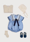 Striped Mariner Collar Short Sleeve Romper in Blue (3-18mths) Rompers  from Pepa London