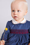 Hand Smocked Peter Pan Collar Romper in Blue (6mths2yrs) Rompers  from Pepa London