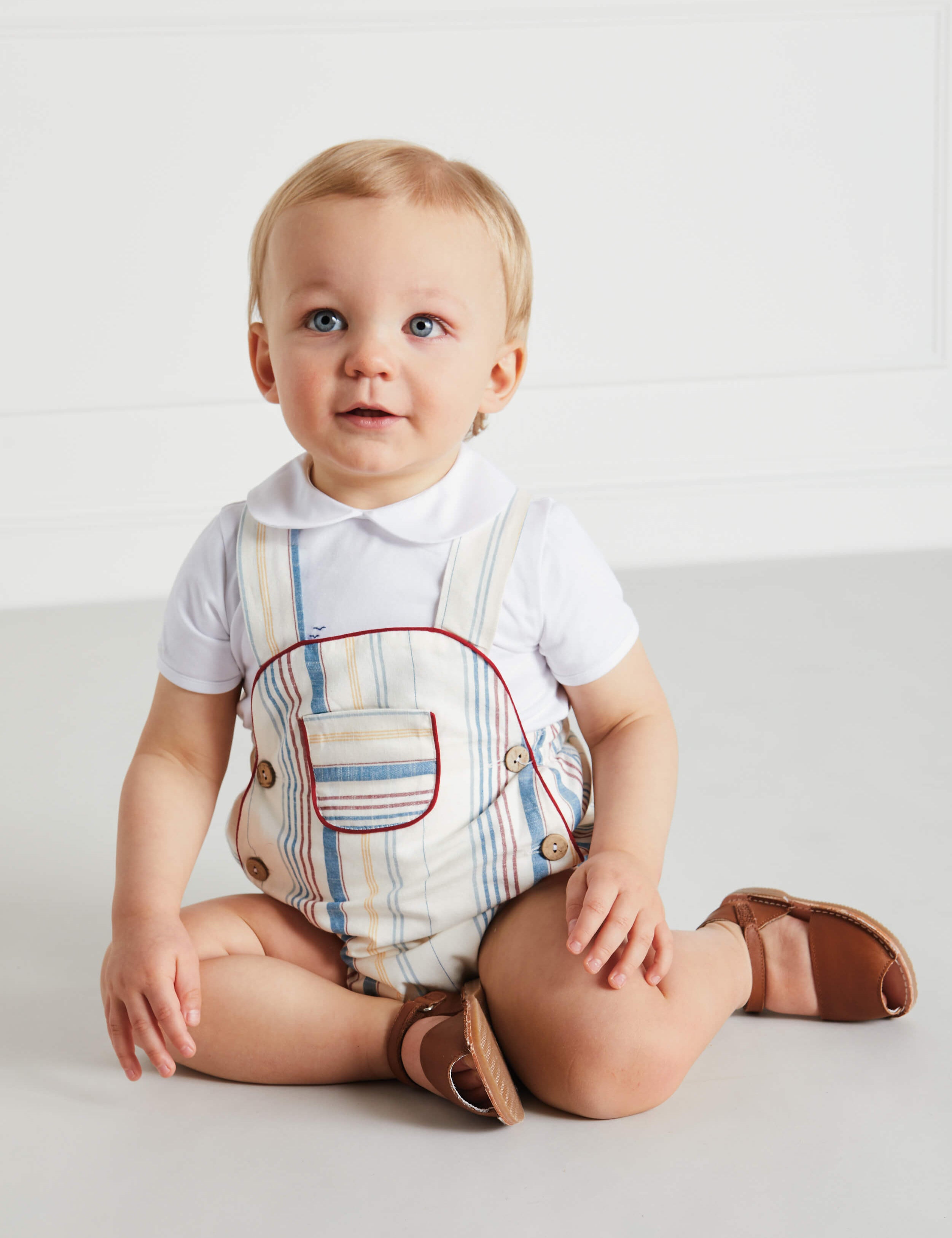 Thin Stripe Front Pocket Dungaree Romper in Red (3-18mths) Shorts  from Pepa London