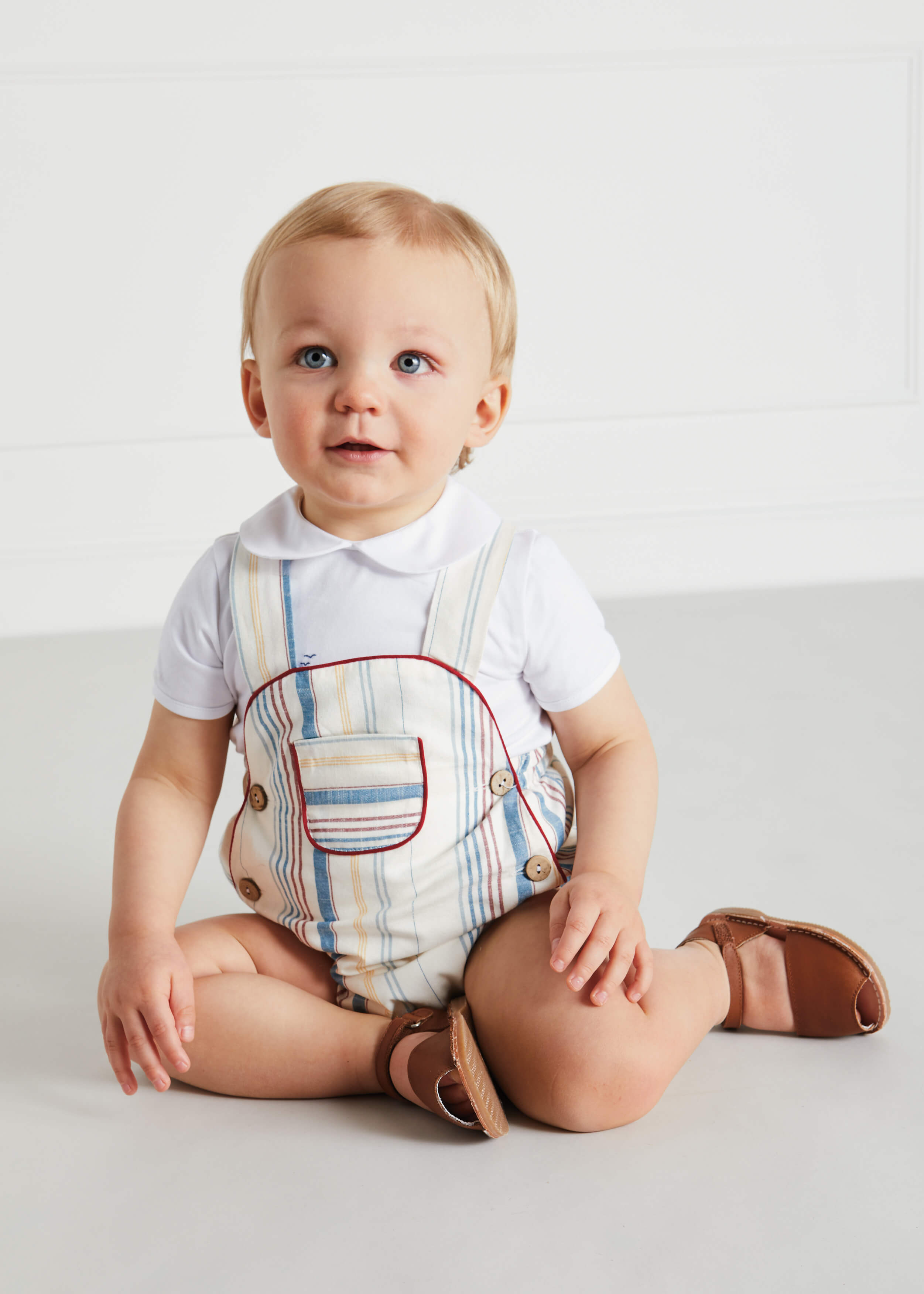 Thin Stripe Front Pocket Dungaree Romper in Red (3-18mths) Shorts  from Pepa London