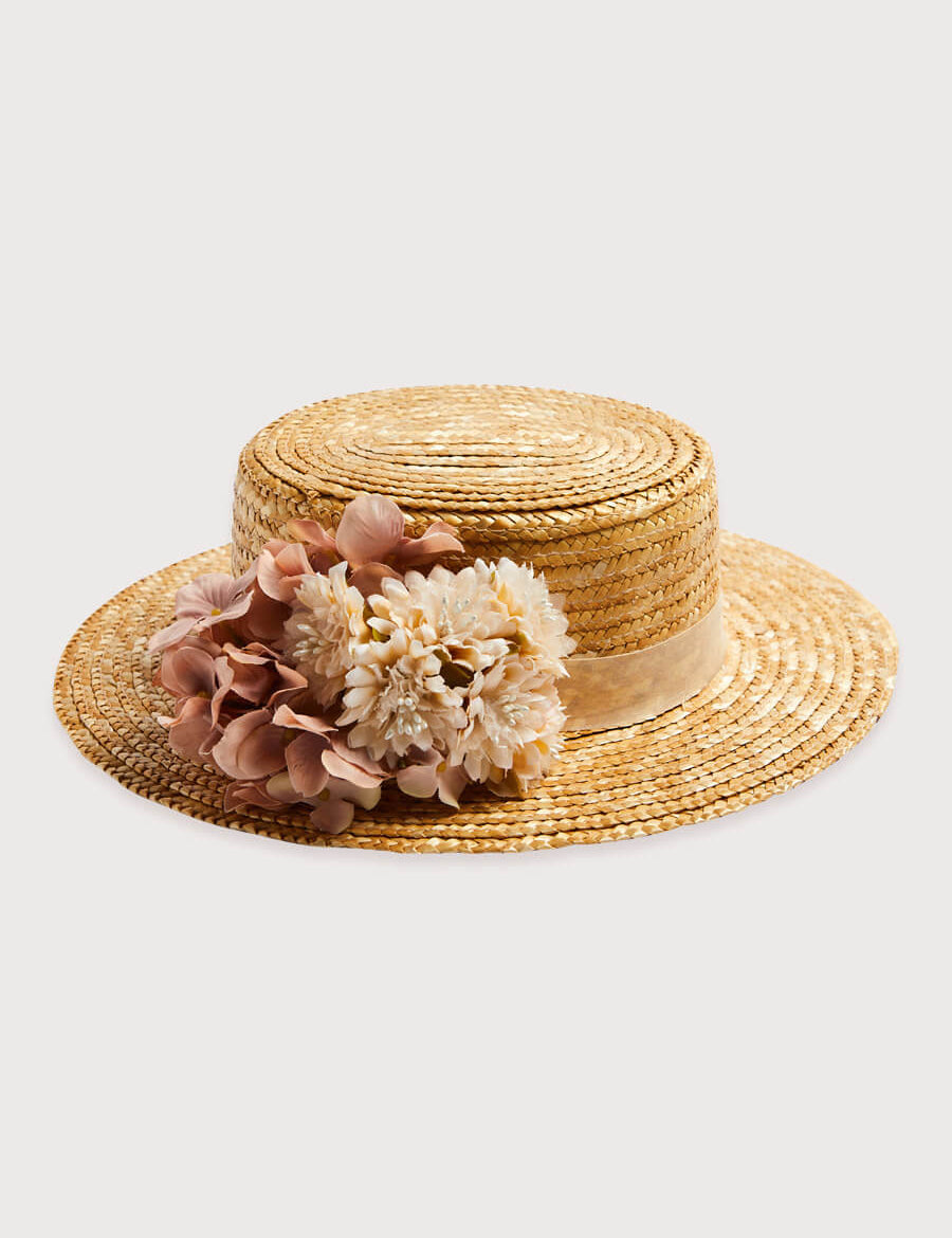 Faux Flower Straw Boater Hat in Pink Accessories  from Pepa London