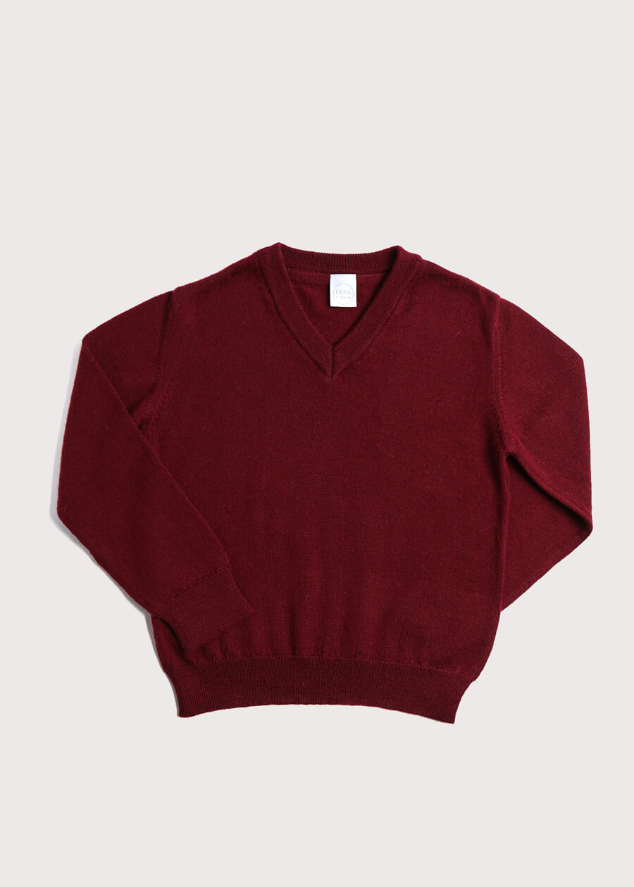 Plain V-Neck Sweater in Burgundy (4-10yrs) Knitwear  from Pepa London