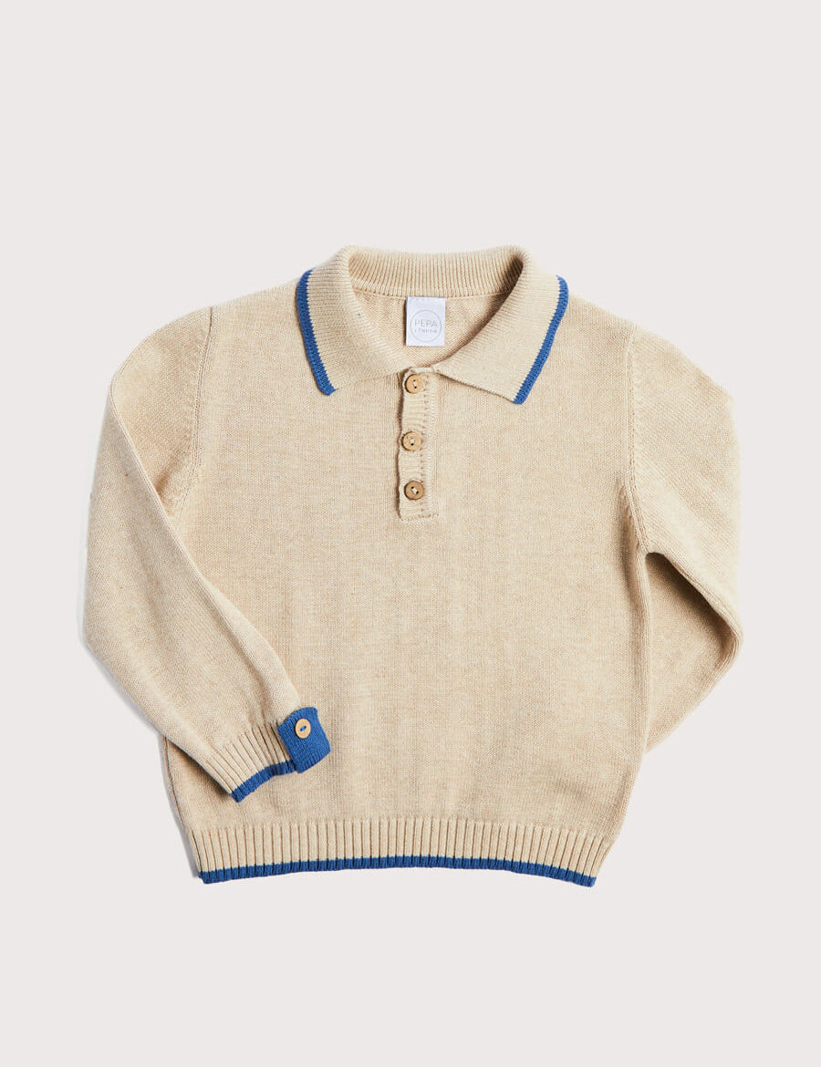 Polo Collar Stripe Sweater in Beige (12mths-10yrs) Knitwear  from Pepa London