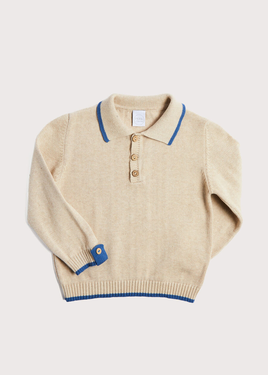 Polo Collar Stripe Sweater in Beige (12mths-10yrs) Knitwear  from Pepa London