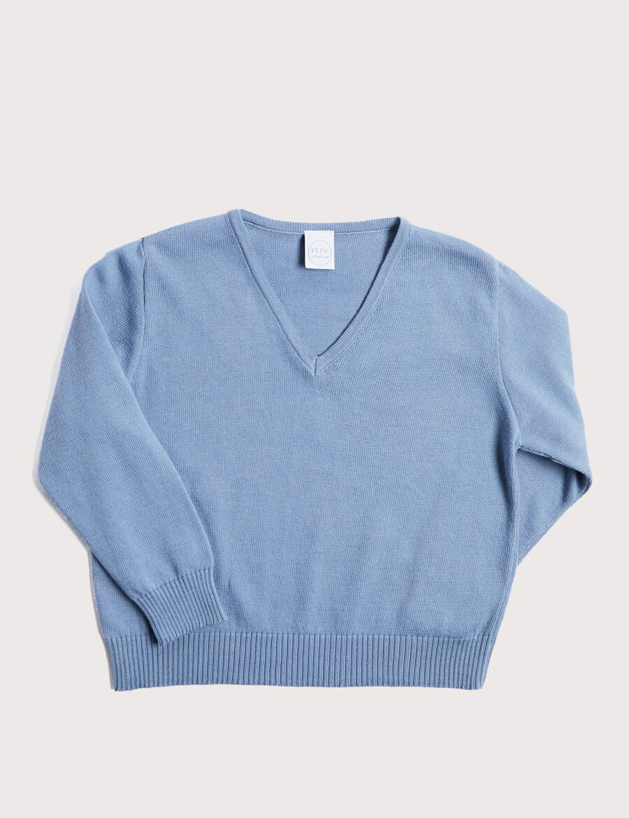 Ribbed Edge Cotton V-Neck Sweater in Dusty Blue (12mths-10yrs) Knitwear  from Pepa London