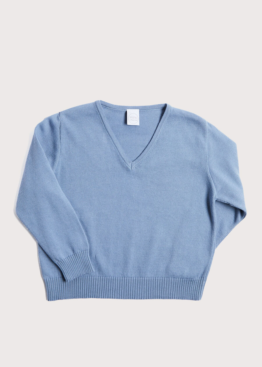 Ribbed Edge Cotton V-Neck Sweater in Dusty Blue (12mths-10yrs) Knitwear  from Pepa London