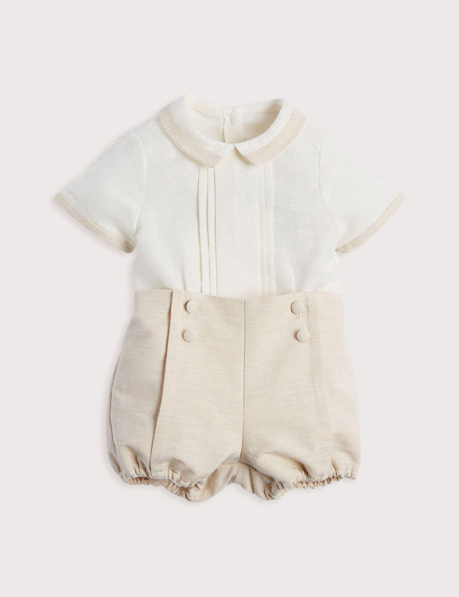 Baby Boy Celebration Beige Bloomers and Linen Shirt Set (12mths-3yrs) Sets  from Pepa London