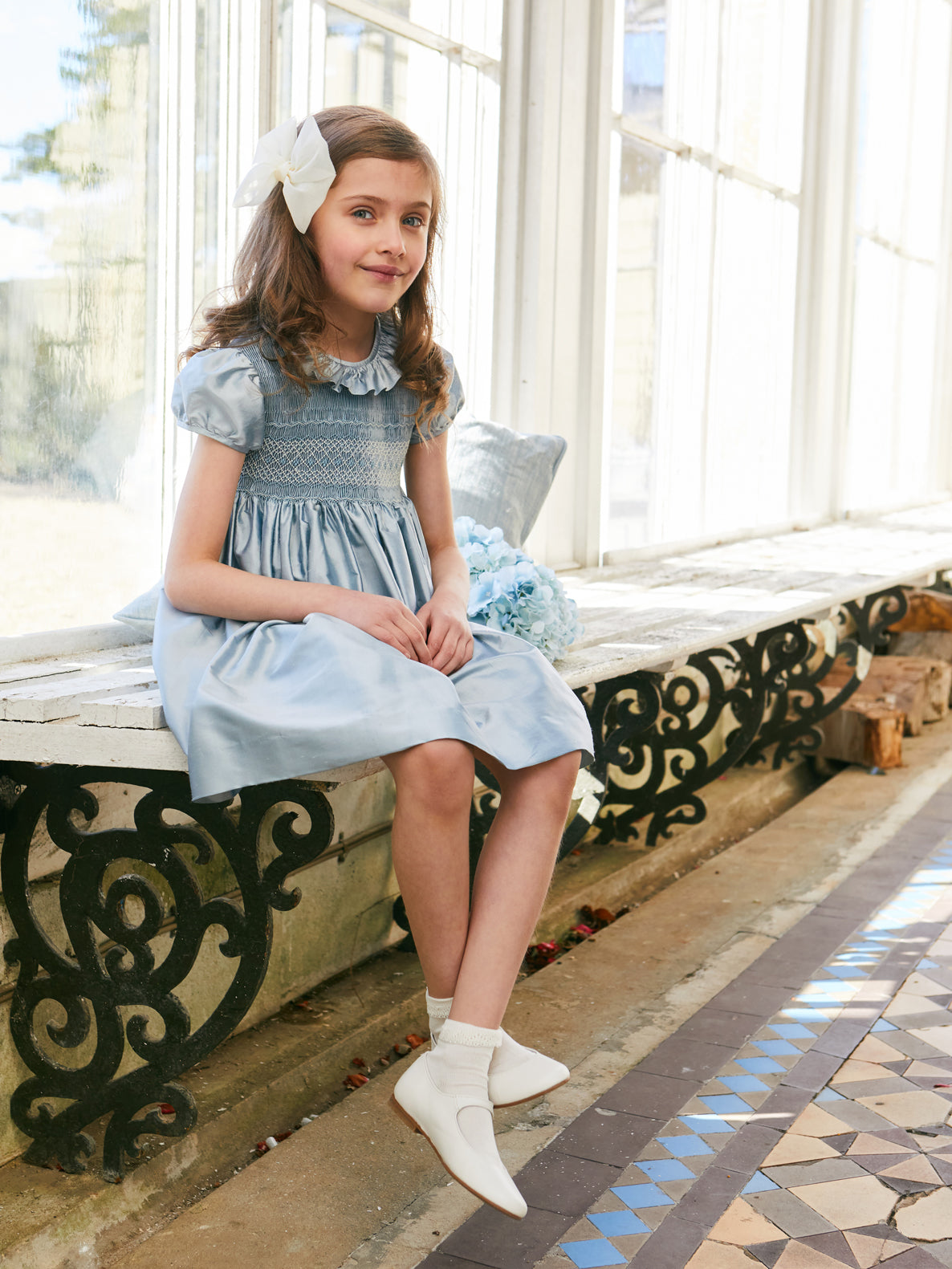 Girls Silk Hand Smocked Celebration Dress in Blue (6mths-10yrs) Dresses from Pepa London