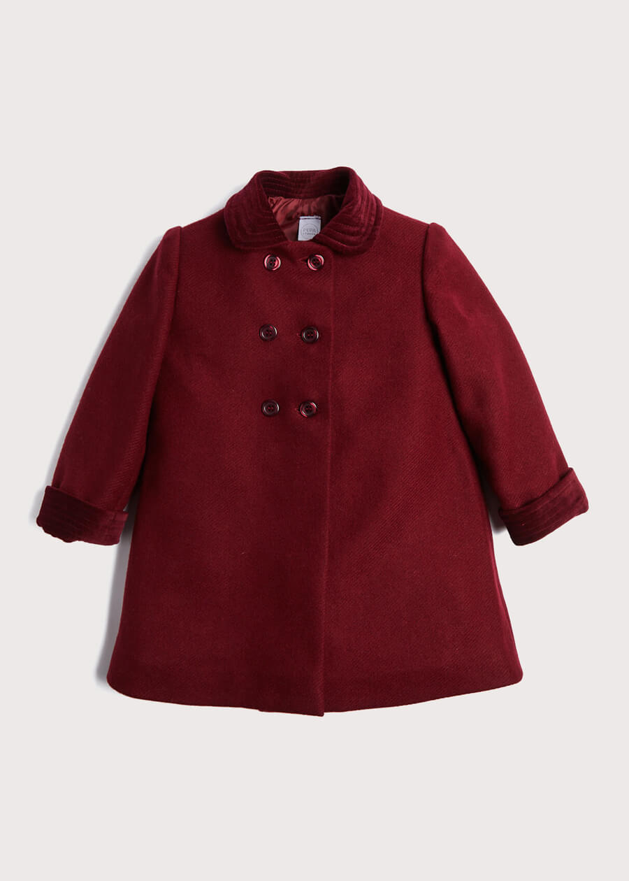 Traditional Double Breasted Coat in Burgundy | Pepa London.