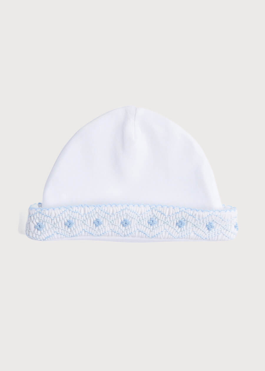 Newborn Hat with Blue Hand Smocked Detail (0-3mths) Accessories  from Pepa London