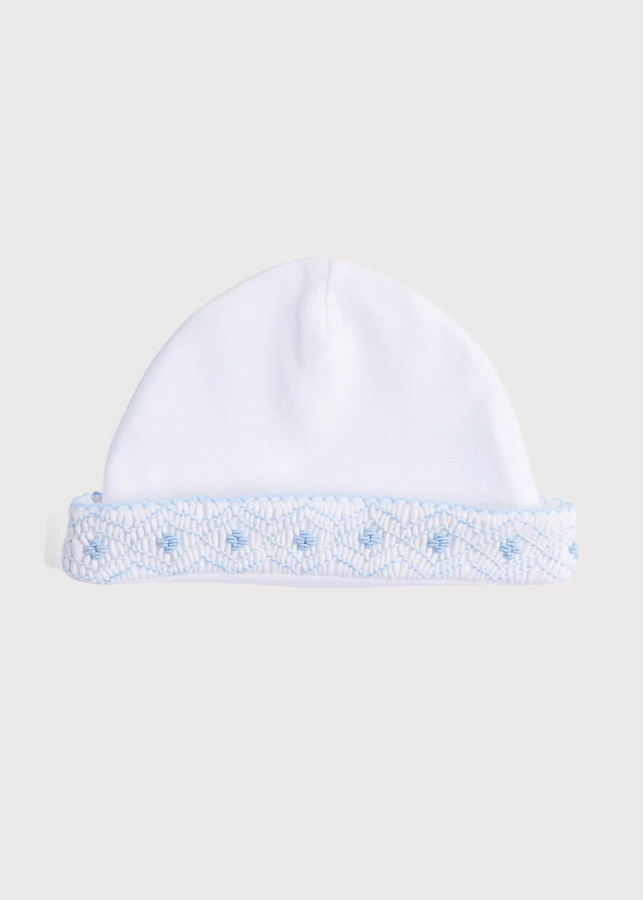 Newborn Hat with Blue Handsmocked Detail (0-3mths) Accessories  from Pepa London